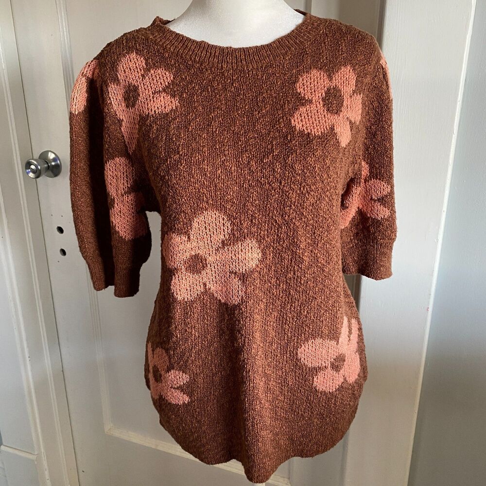 Sonoma Brown Flower Power Hippie Boho Knit Sweater, Sz M Coquette half sleeves